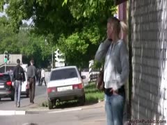 Russian pissing slut acquires her jeans juicy in public once more 